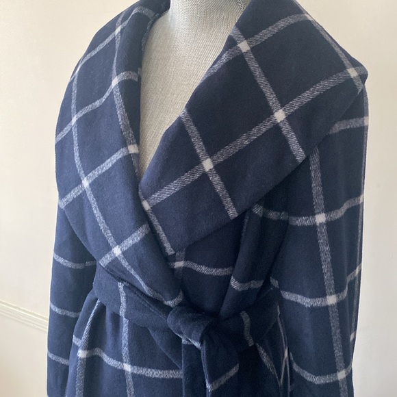 ANN TAYLOR 💙NAVY BLUE & WHITE🤍 WINDOWPANE PATTERN WOOL WRAP COAT SIZE L🌟NWT🌟 - Picture 9 of 17